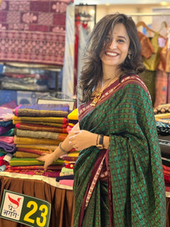 Hati Mor Green Khun Saree with Maroon Border