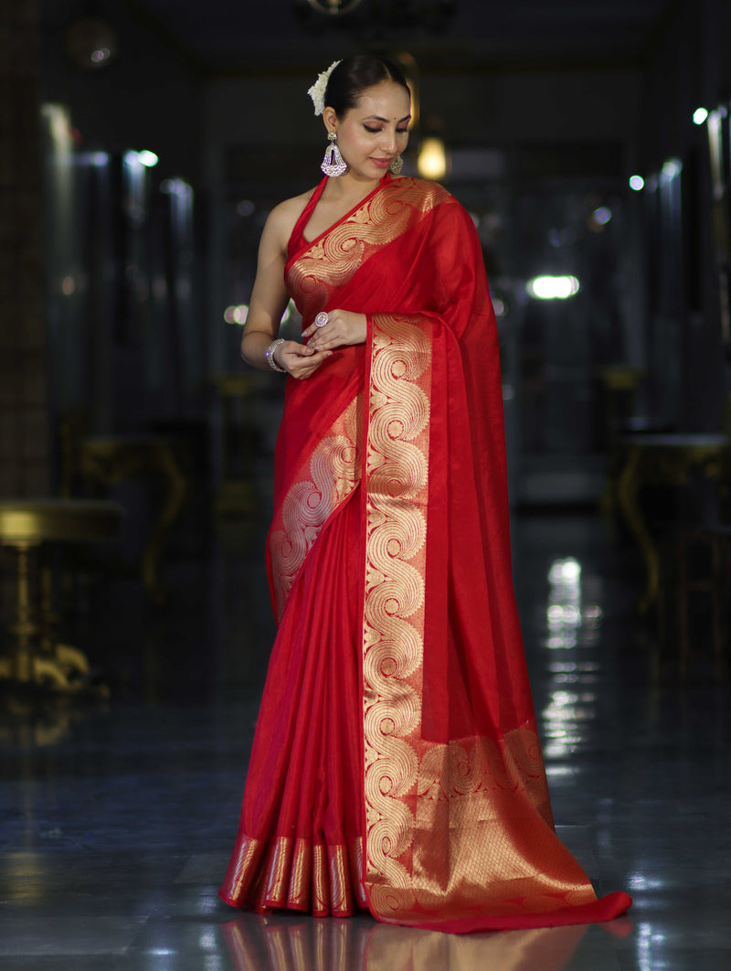 Red Banarasi Handloom Silk Saree with Rich Gold Zari Border & Designer Pallu