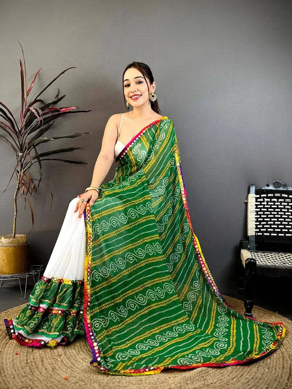 Ready-to-Wear Bandhani Ruffle & Mirror Work Saree