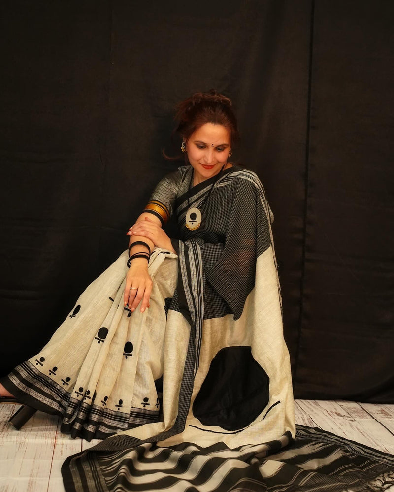 Handloom Cotton Ilkal Saree – Black & Off-White Heritage Weave