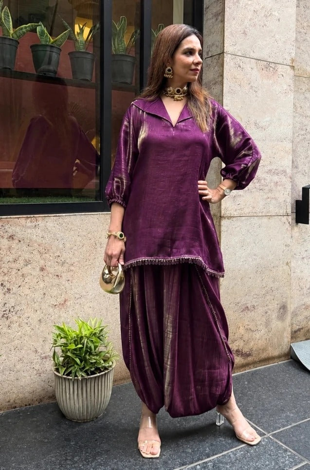 Mahira Luxe Shimmer Silk Tunic Top with Dhoti Skirt