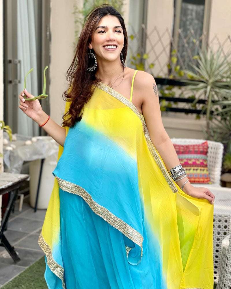 Sunburst Aura Ombre Gaji Silk Kaftan with Sequins Border