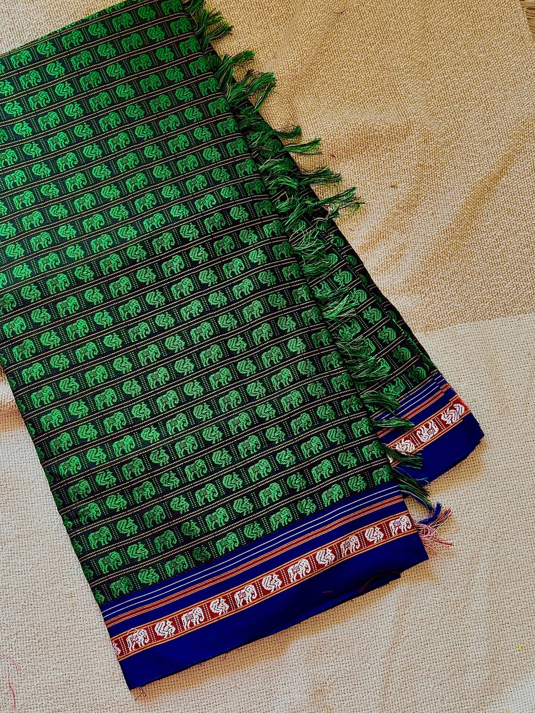 Hati Mor Green Khun Saree with Maroon Border