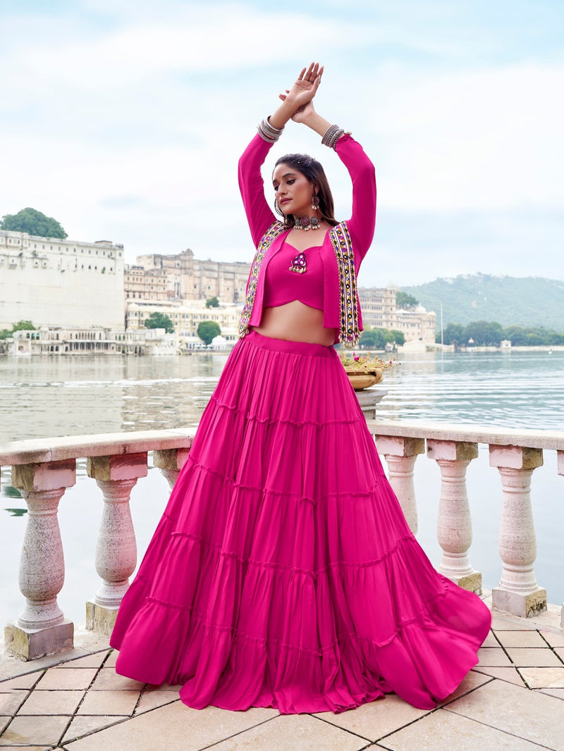 Royal Gamthi Rayon Lehenga Choli with Mirror Work Jacket Set