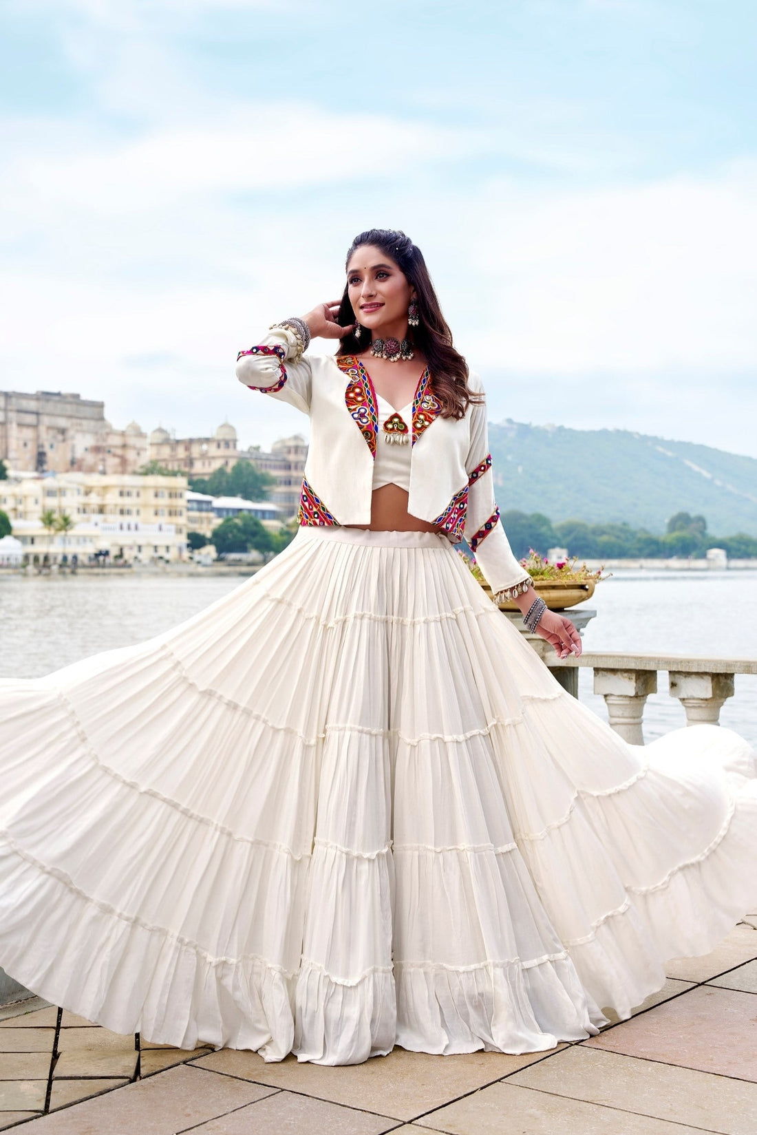 Royal Gamthi Rayon Lehenga Choli with Mirror Work Jacket Set