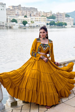 Royal Gamthi Rayon Lehenga Choli with Mirror Work Jacket Set
