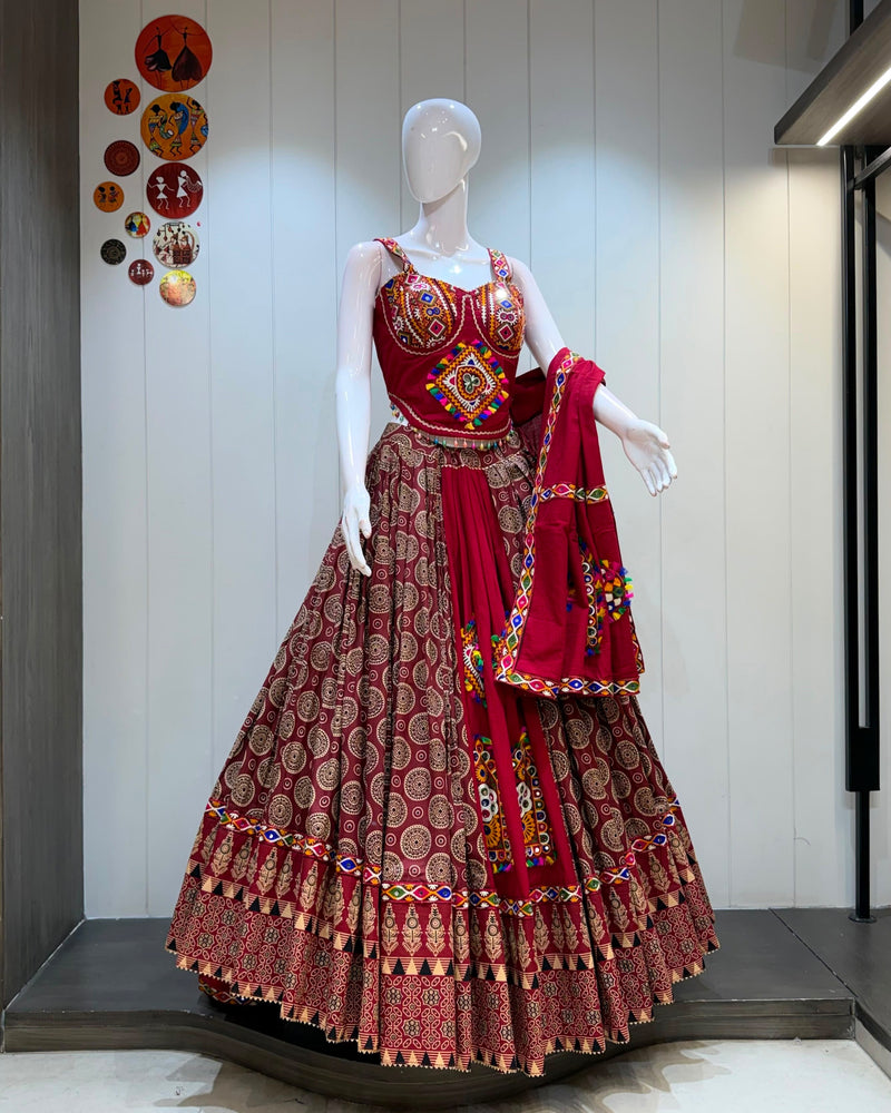 Ajrakh Tiranga Pure Camric Cotton Gamthi Work Lehenga