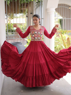 Kutchi Gamthi Mirror Work Tiered Rayon Gown