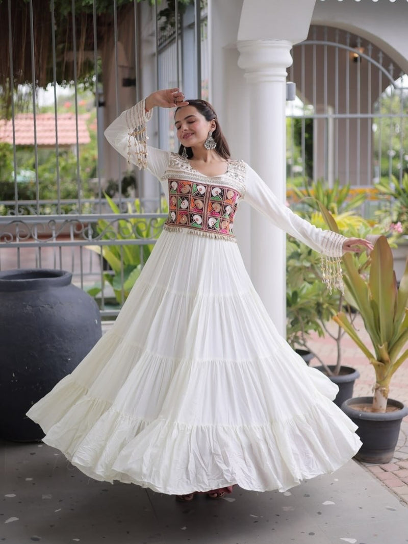 Kutchi Gamthi Mirror Work Tiered Rayon Gown
