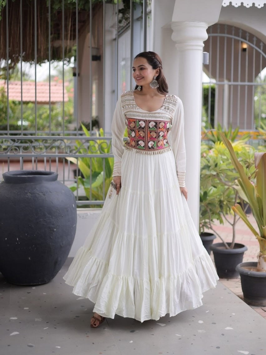 Kutchi Gamthi Mirror Work Tiered Rayon Gown