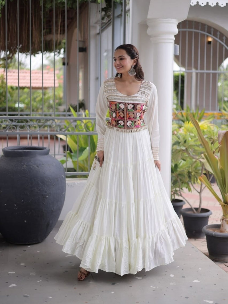 Kutchi Gamthi Mirror Work Tiered Rayon Gown