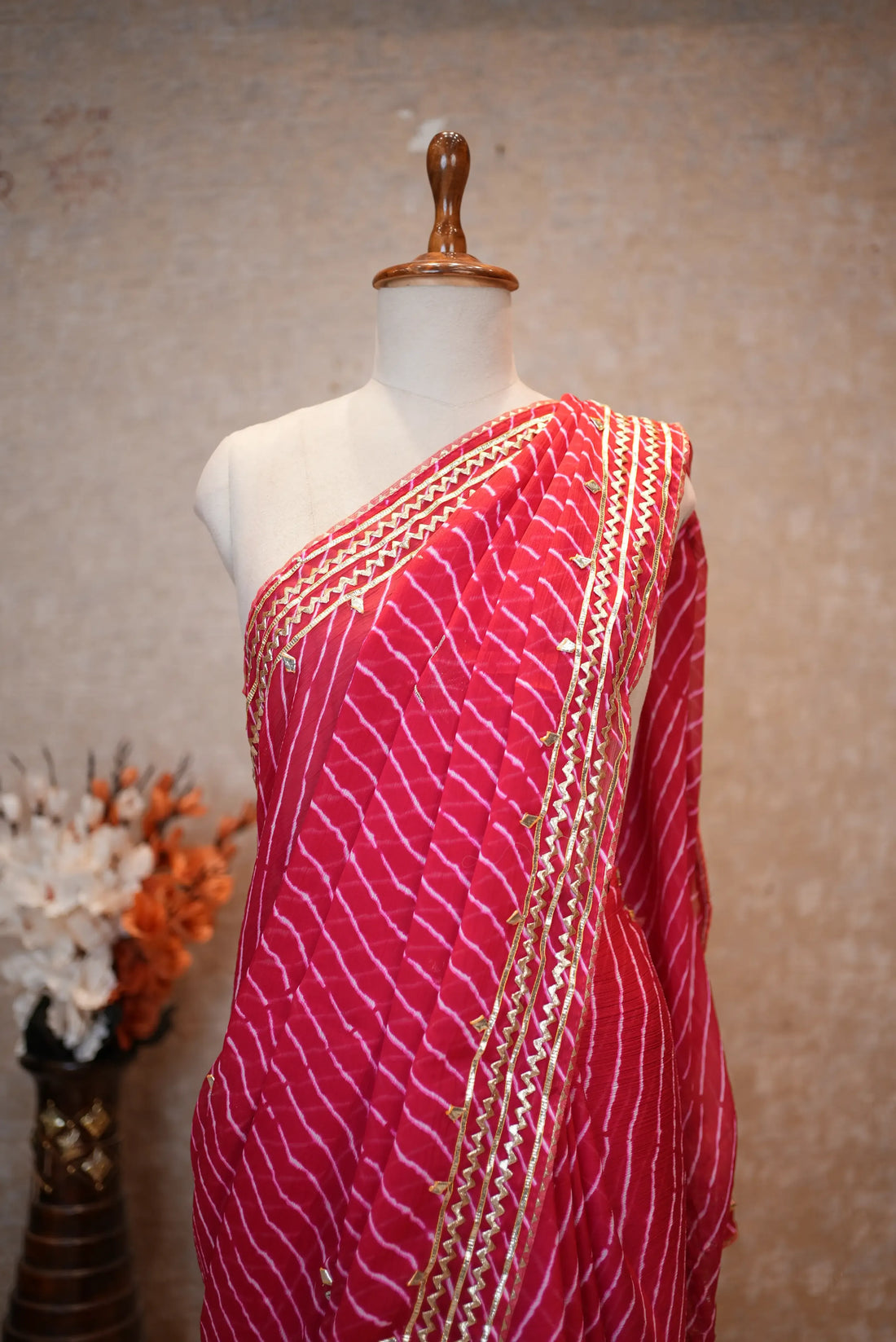 Rani Pink Leheriya Saree with Handcrafted Kacchi Gota Patti Work