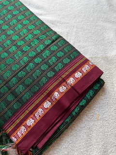 Hati Mor Green Khun Saree with Maroon Border