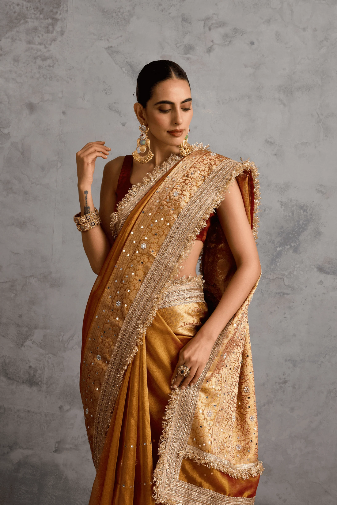 Golden Banarasi Tissue Ready-to-Wear Saree with Mirror Mosaic Work