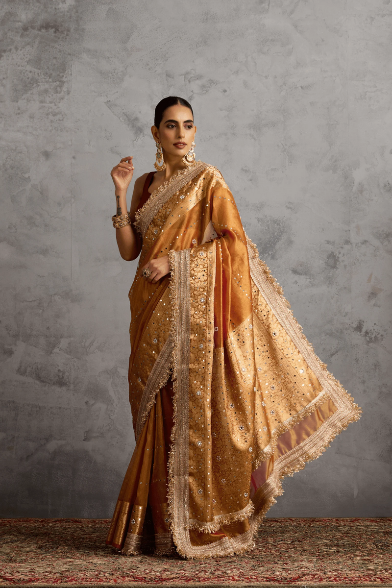 Golden Banarasi Tissue Ready-to-Wear Saree with Mirror Mosaic Work