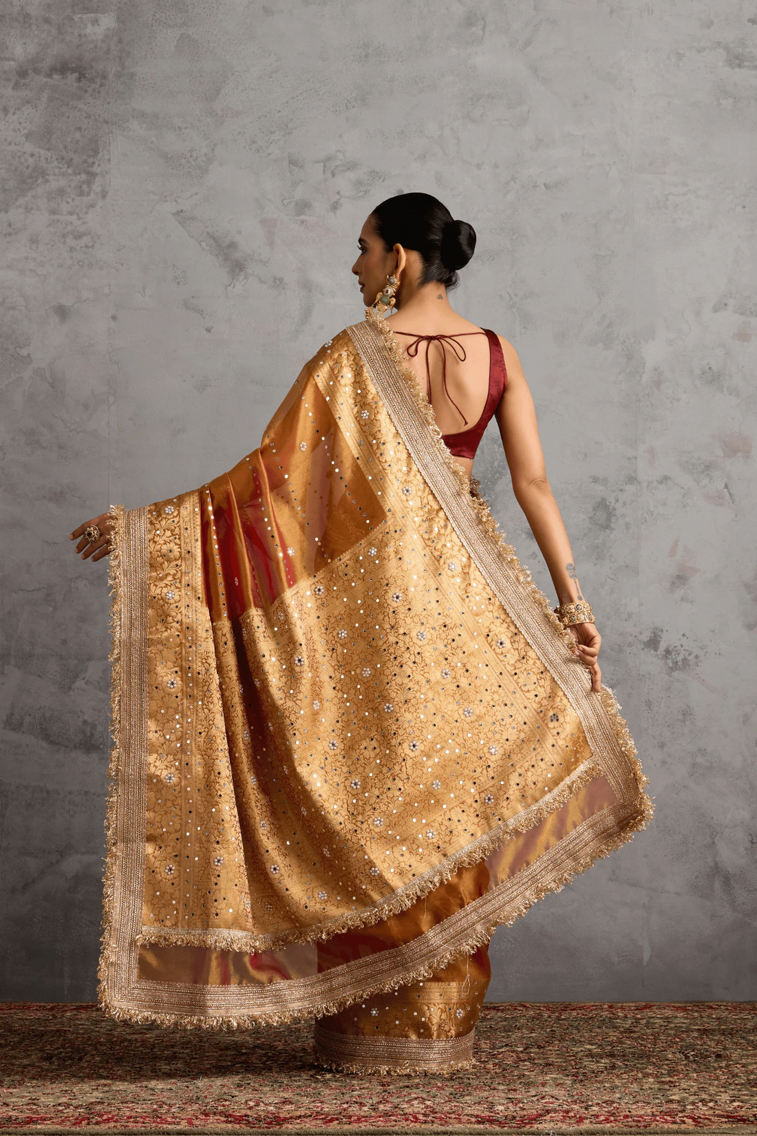 Golden Banarasi Tissue Ready-to-Wear Saree with Mirror Mosaic Work