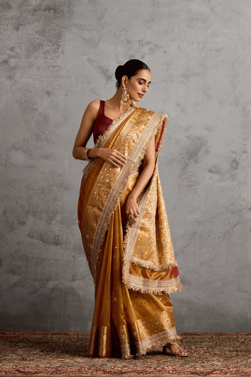 Golden Banarasi Tissue Ready-to-Wear Saree with Mirror Mosaic Work