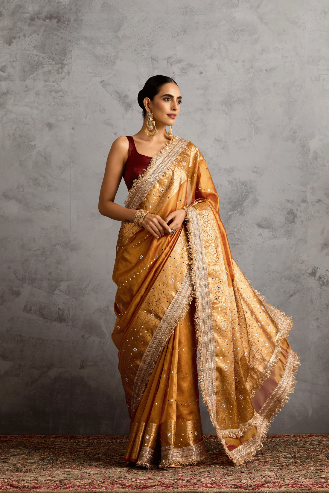 Golden Banarasi Tissue Ready-to-Wear Saree with Mirror Mosaic Work