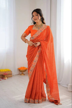 Orange Bandhani Ready-to-Wear  Saree with Embroidered Border
