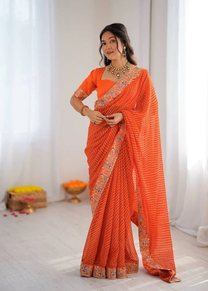 Orange Bandhani Ready-to-Wear  Saree with Embroidered Border