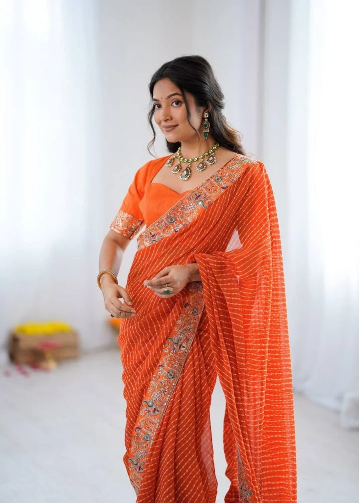 Orange Bandhani Ready-to-Wear  Saree with Embroidered Border