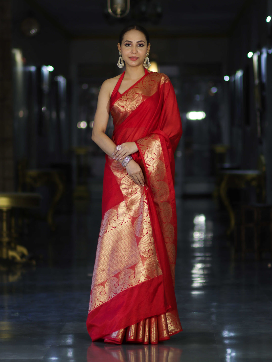 Red Banarasi Handloom Silk Saree with Rich Gold Zari Border & Designer Pallu