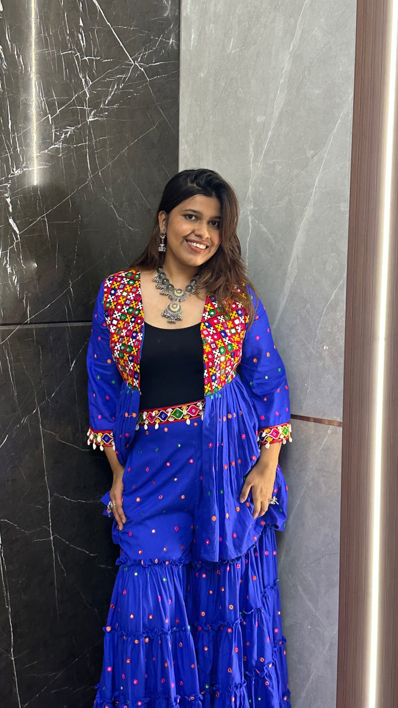 Royal Blue Kutchi Embroidered Peplum Sharara Set