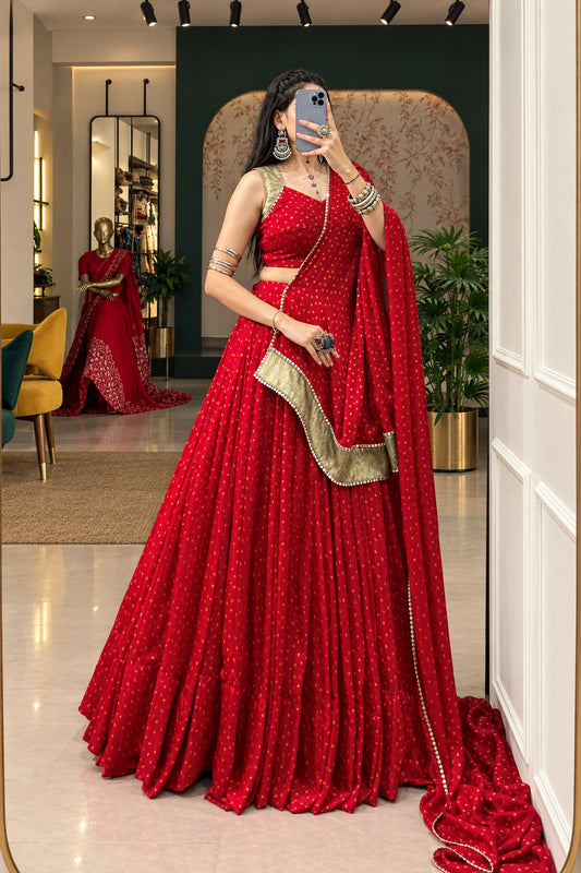 Rang-Riwaayat Red Bandhej Satin Chiffon Navratri Lehenga Set
