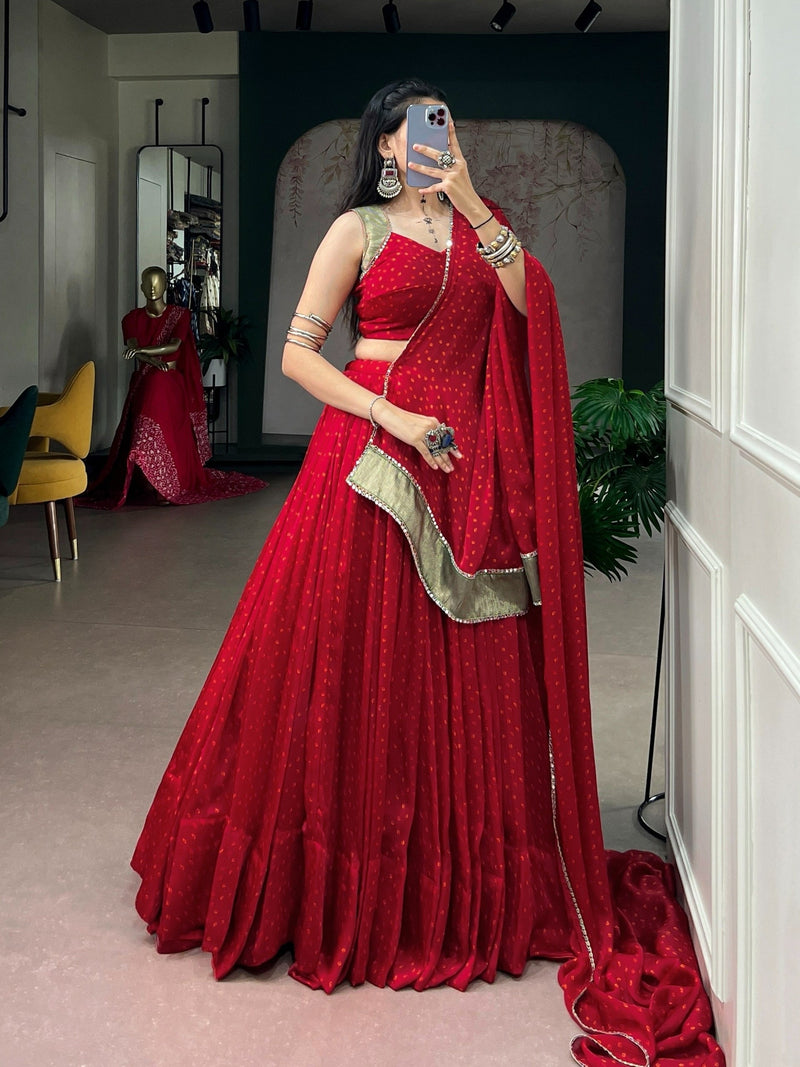 Rang-Riwaayat Red Bandhej Satin Chiffon Navratri Lehenga Set