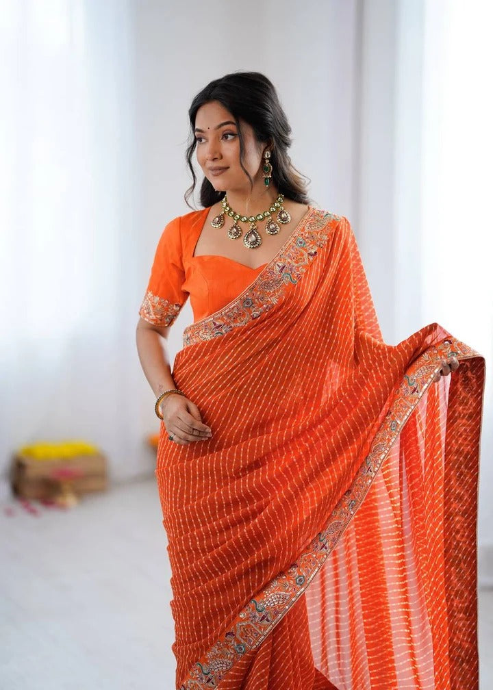 Orange Bandhani Ready-to-Wear  Saree with Embroidered Border