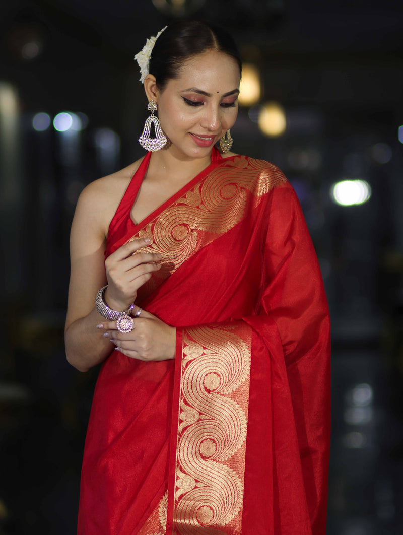 Red Banarasi Handloom Silk Saree with Rich Gold Zari Border & Designer Pallu