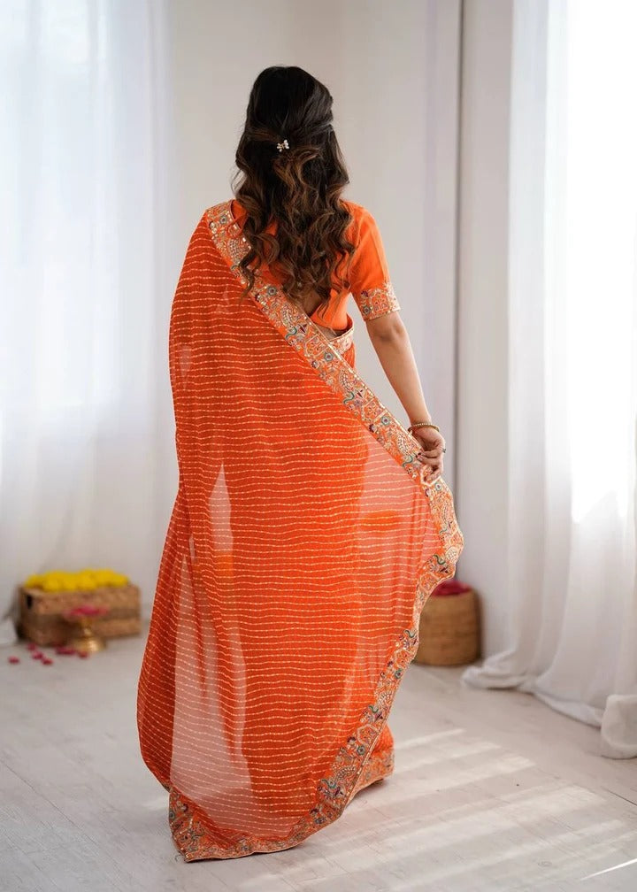 Orange Bandhani Ready-to-Wear  Saree with Embroidered Border