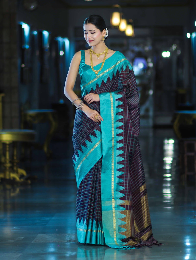 Banarsi Maroon Ikat Patterned Silk Saree
