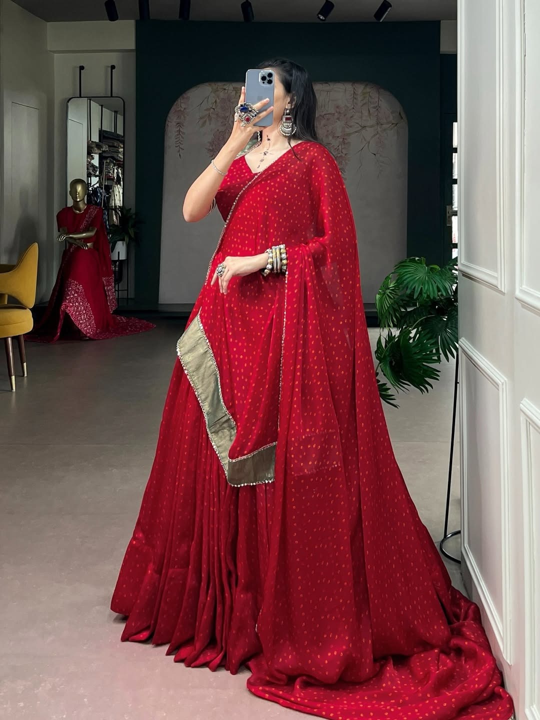 Rang-Riwaayat Red Bandhej Satin Chiffon Navratri Lehenga Set