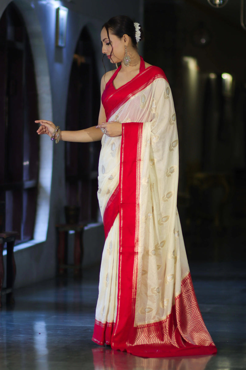 Banarasi Handloom Silk Saree with Rich Contrast Border & Zari Butti