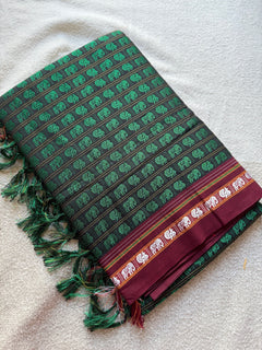Hati Mor Green Khun Saree with Maroon Border