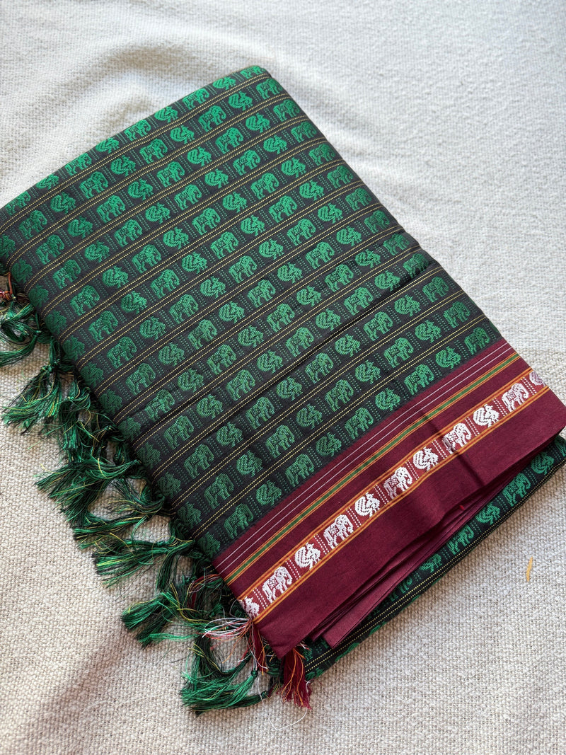 Hati Mor Green Khun Saree with Maroon Border