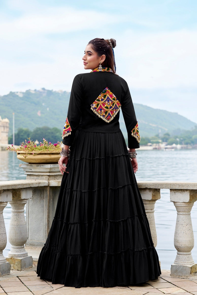 Royal Gamthi Rayon Lehenga Choli with Mirror Work Jacket Set