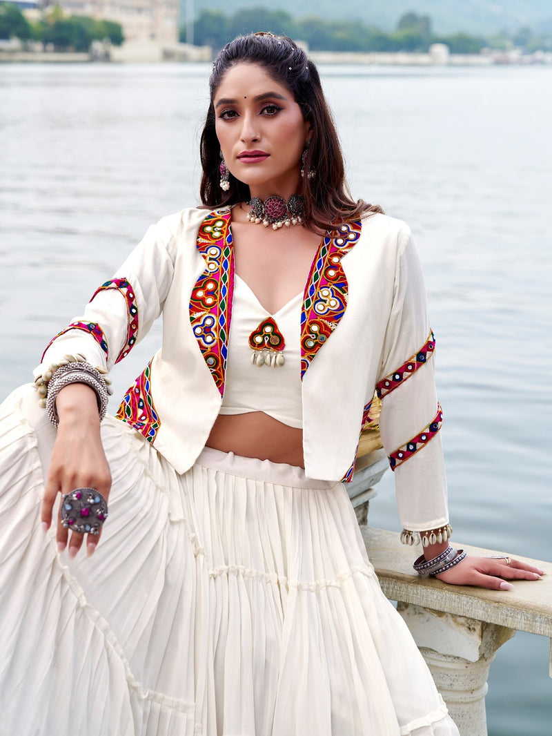 Royal Gamthi Rayon Lehenga Choli with Mirror Work Jacket Set