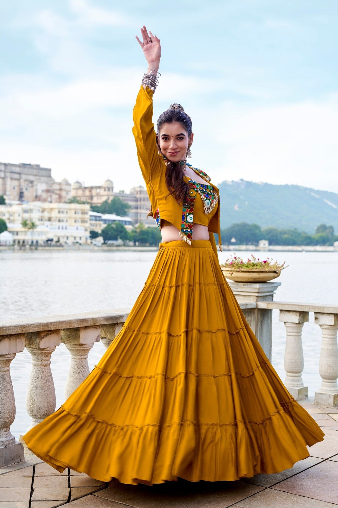 Royal Gamthi Rayon Lehenga Choli with Mirror Work Jacket Set