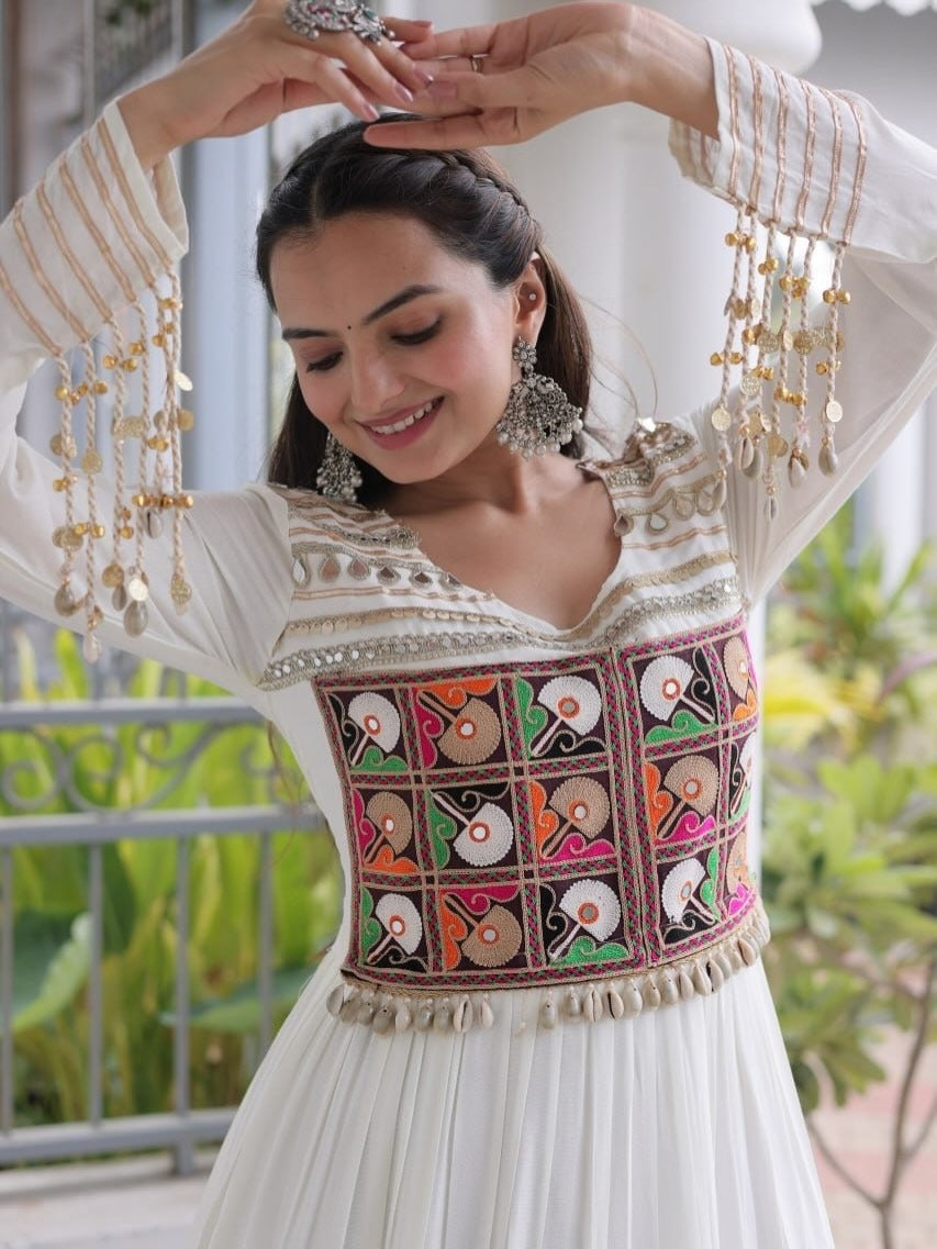 Kutchi Gamthi Mirror Work Tiered Rayon Gown