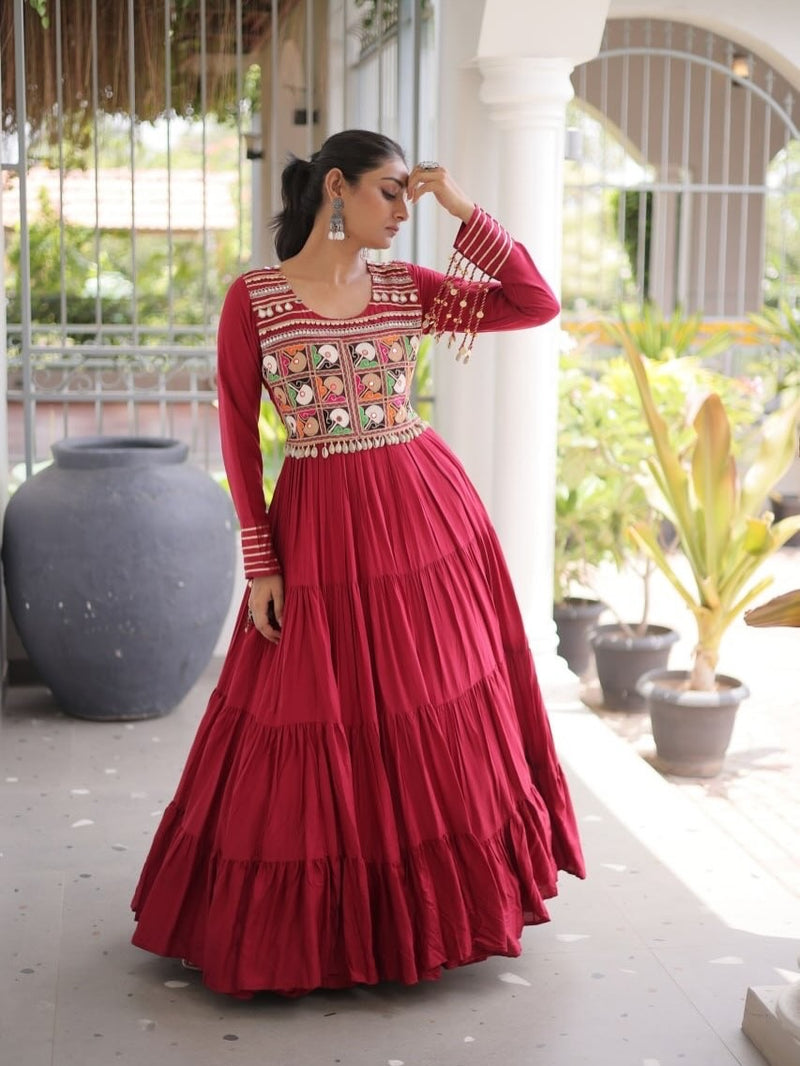 Kutchi Gamthi Mirror Work Tiered Rayon Gown