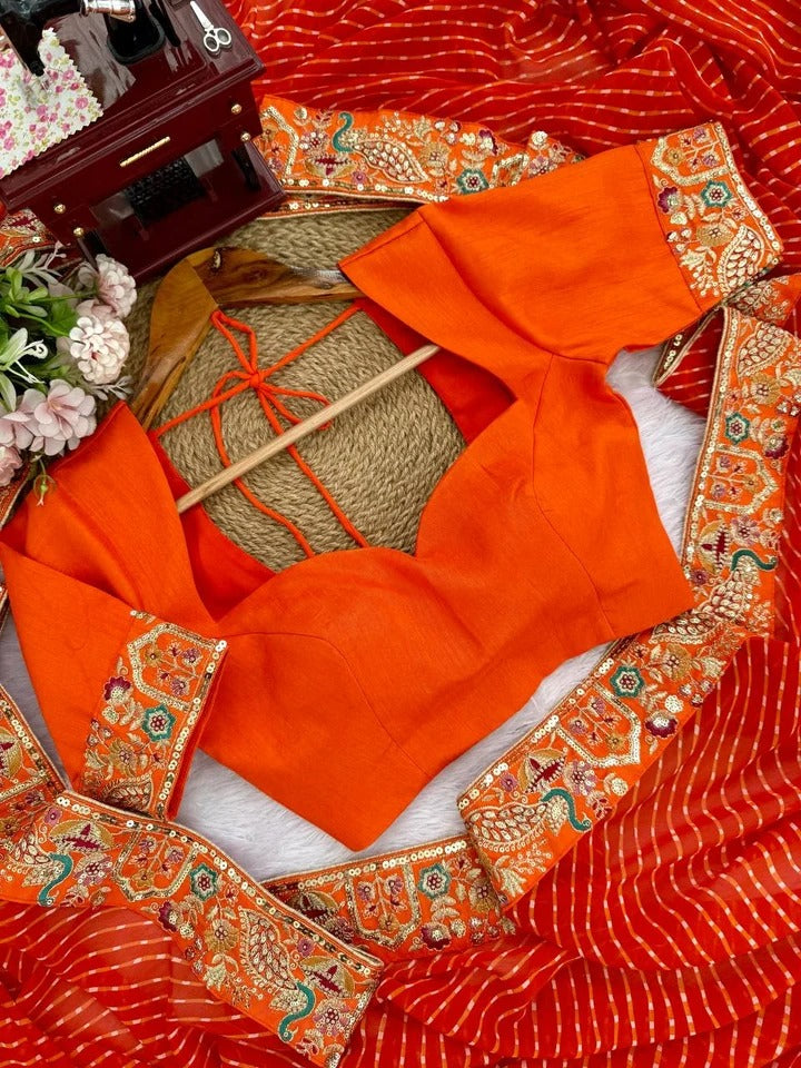 Orange Bandhani Ready-to-Wear  Saree with Embroidered Border