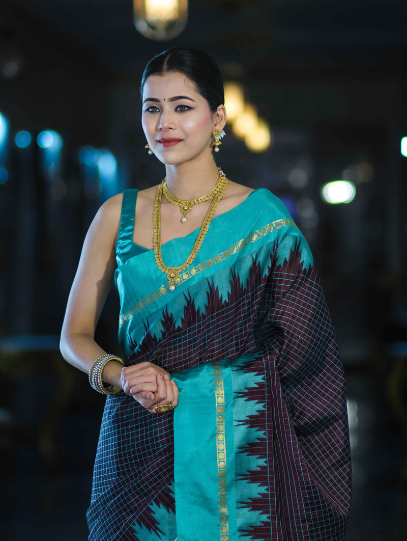 Banarsi Maroon Ikat Patterned Silk Saree