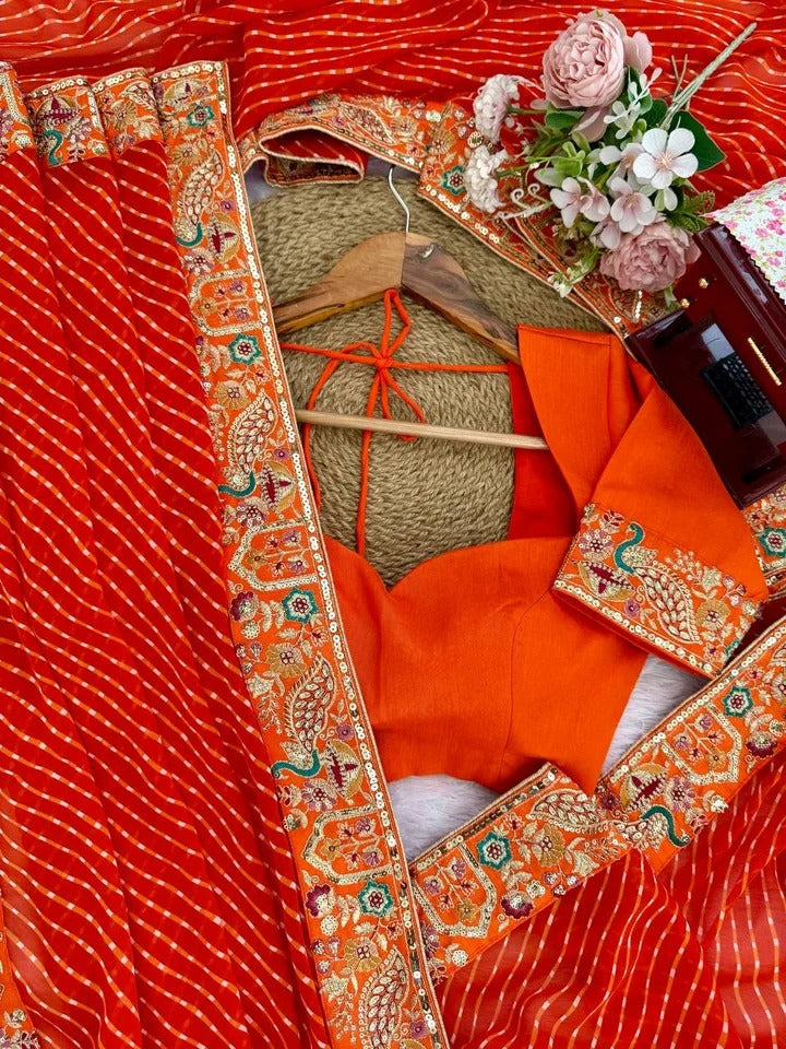 Orange Bandhani Ready-to-Wear  Saree with Embroidered Border