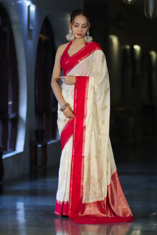Banarasi Handloom Silk Saree with Rich Contrast Border & Zari Butti