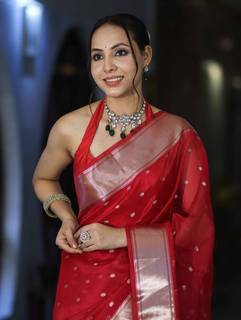 Red Tissue Saree with Silver Zari Border