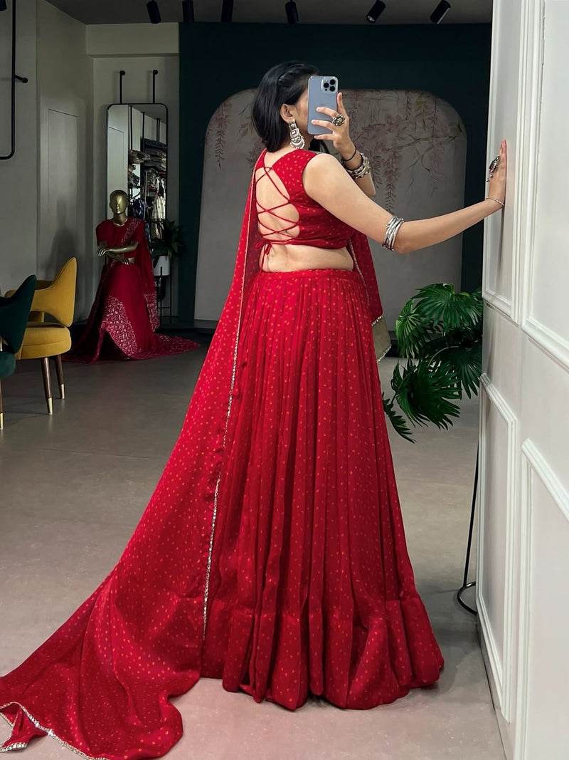 Rang-Riwaayat Red Bandhej Satin Chiffon Navratri Lehenga Set