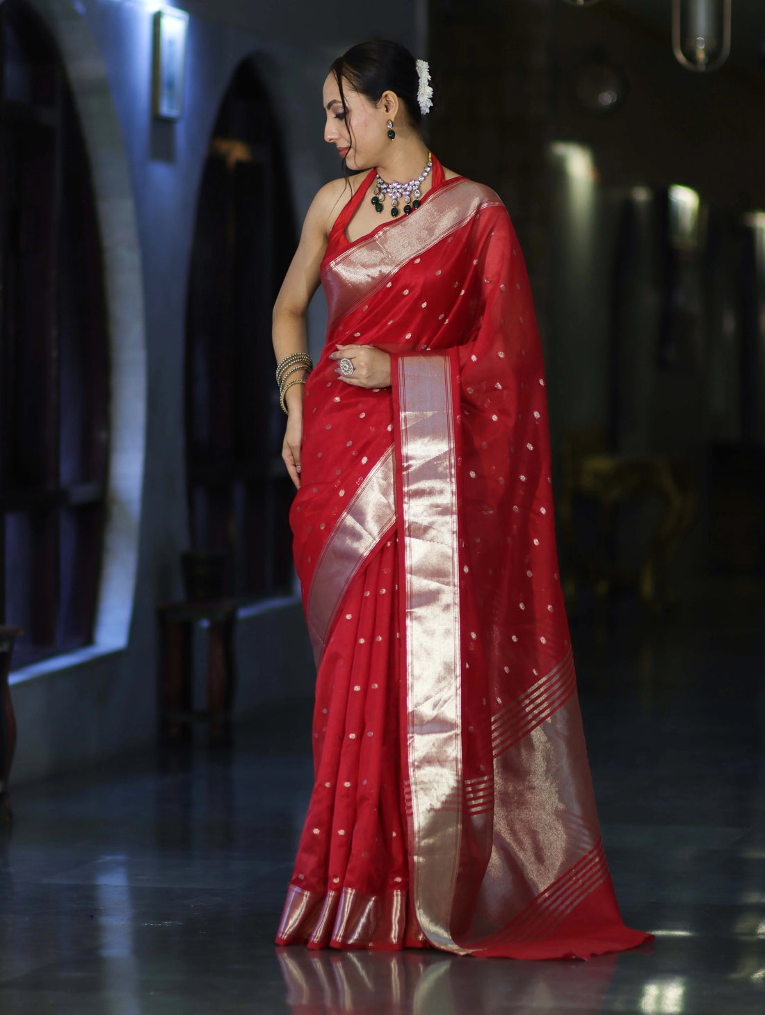 Red Tissue Saree with Silver Zari Border