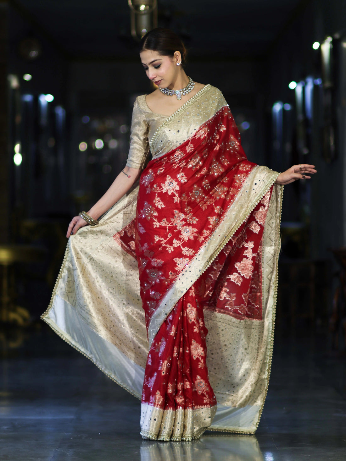 Royal Red Banarasi Chiffon Mirror Work Saree with Zari Border